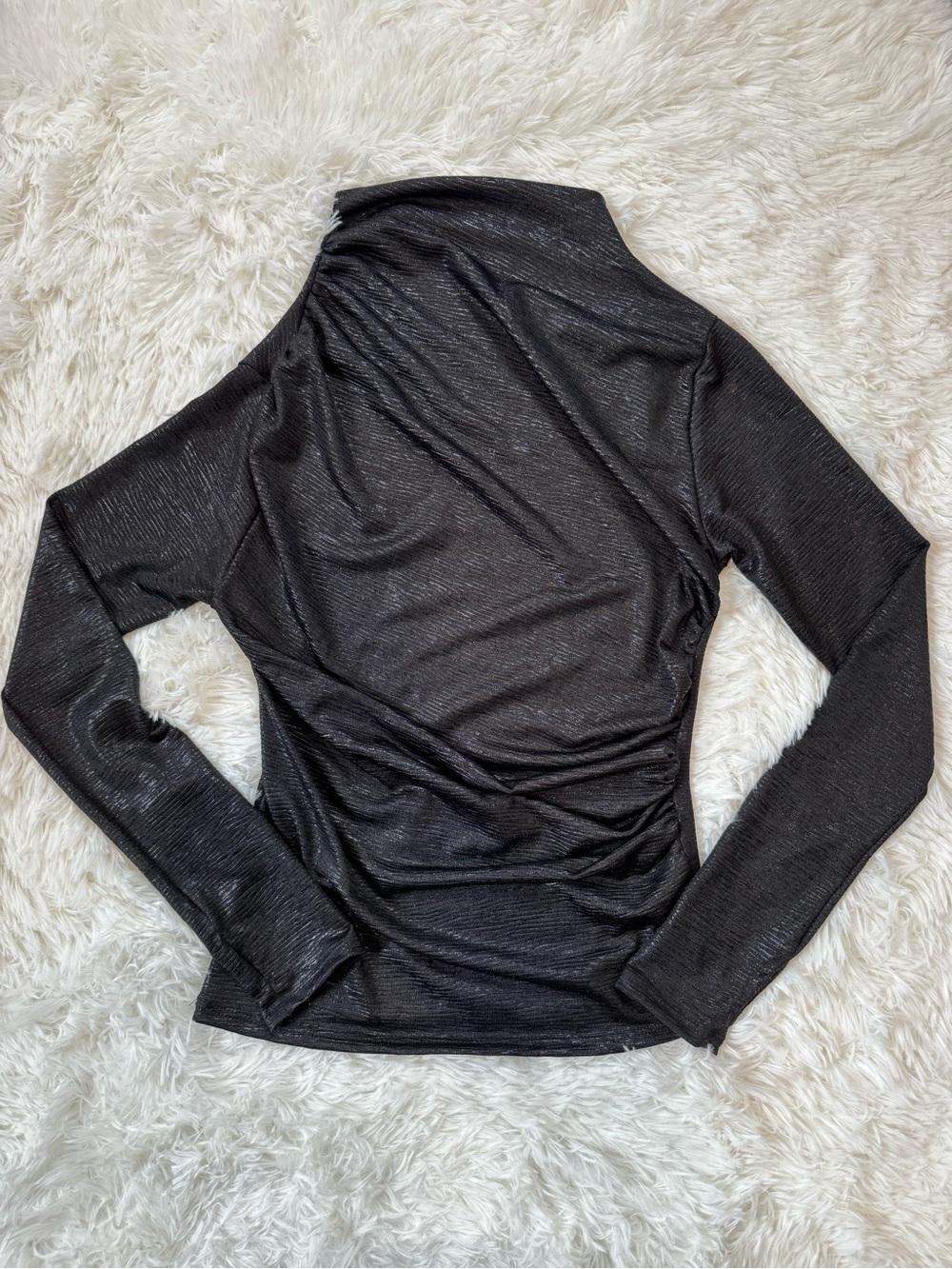 Endless Blu black shimmery ruched mock neck long sleeve party club small stretch